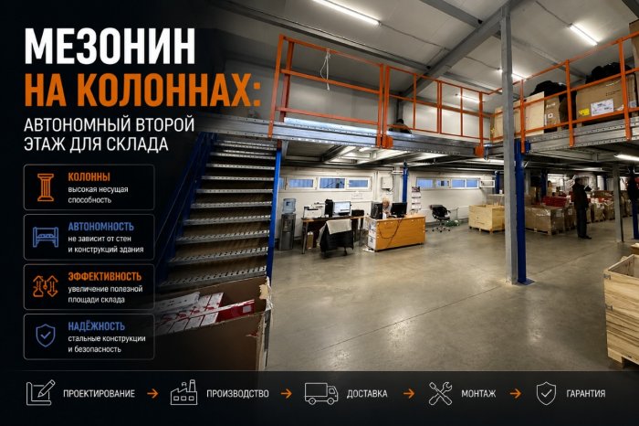 Мезонин на колоннах: автономный второй этаж для склада